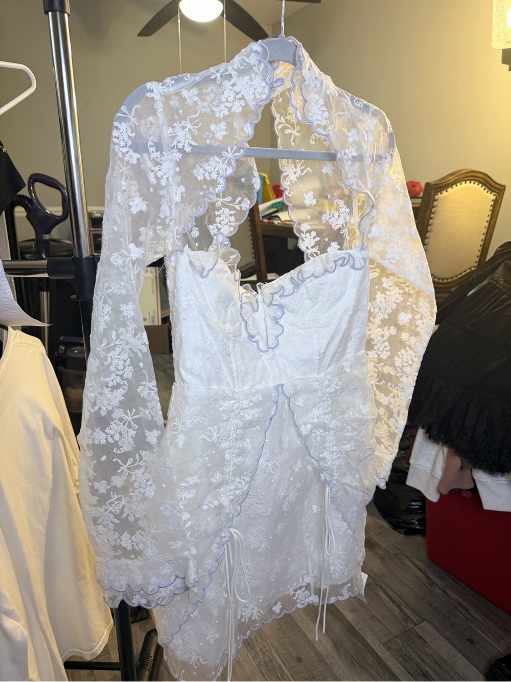 For Love & Lemons White Lace Bluebell Mini Dress with Sheer Floral Sleeves
